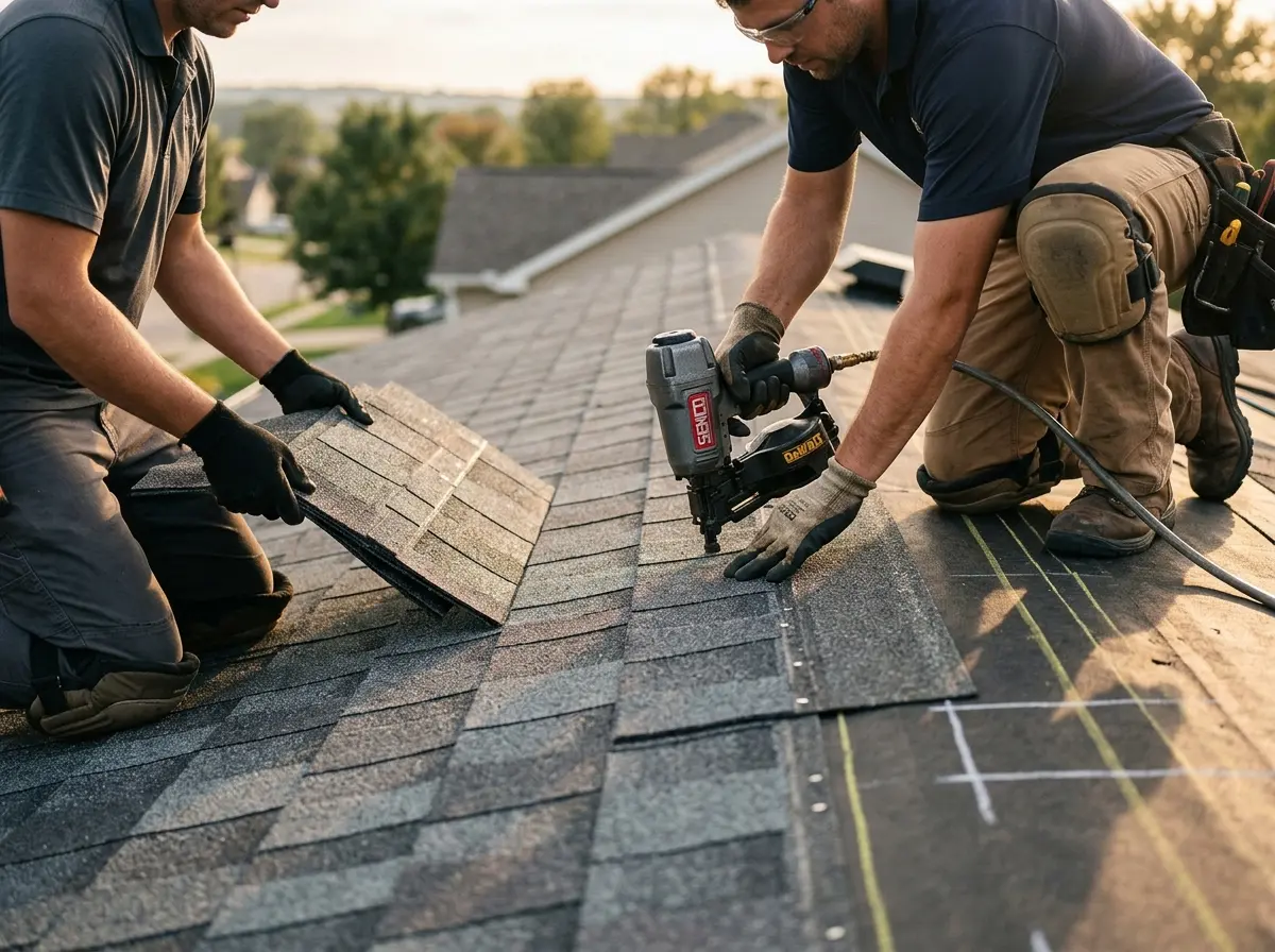 Professional roofer working on a residential roof in Coalinga